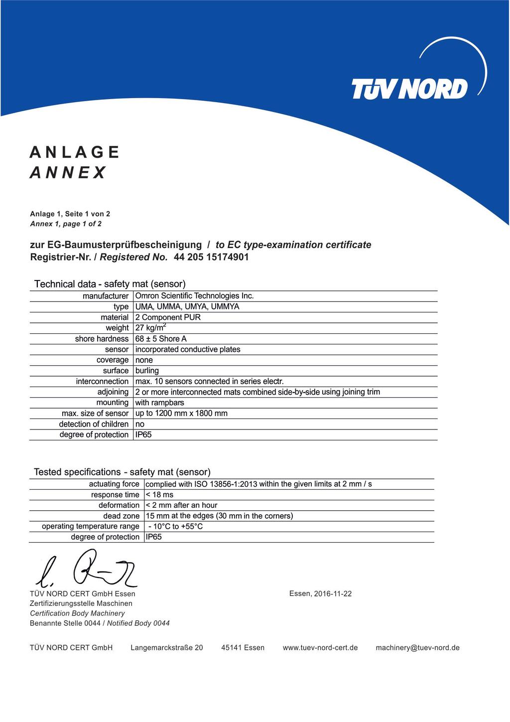 ANLAGE ANNEX Anlage 1, Seite 1 von 2 Annex 1, page 1 of 2 zur EG-Baumusterprufbescheinigung I to EC type-examination certificate Registrier-Nr./ Registered No.