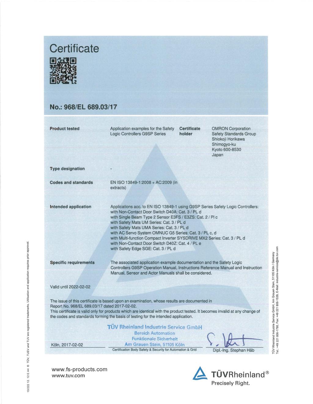 Certificate No.: 968/EL 689.