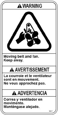 SAFETY PRECAUTIONS FAN AND BELT LABEL - Located on engine compartment panel.