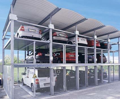 Upper level with lifting platforms, entrance level with sliding platforms and one empty space. Segments can be arranged in any number depending on the local conditions.