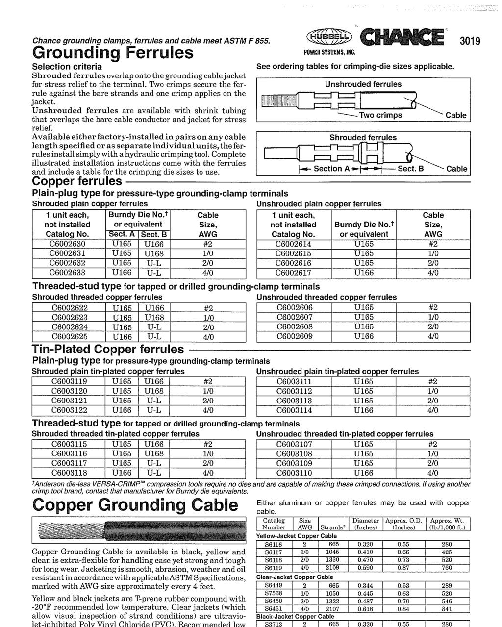 Chance grounding clamps, ferrules and cable meet ASTM F855. 301 9 - Grounding Ferrules ROWER SYSTEMS, IWC. Selection criteria See ordering tables for crimping-die sizes applicable.