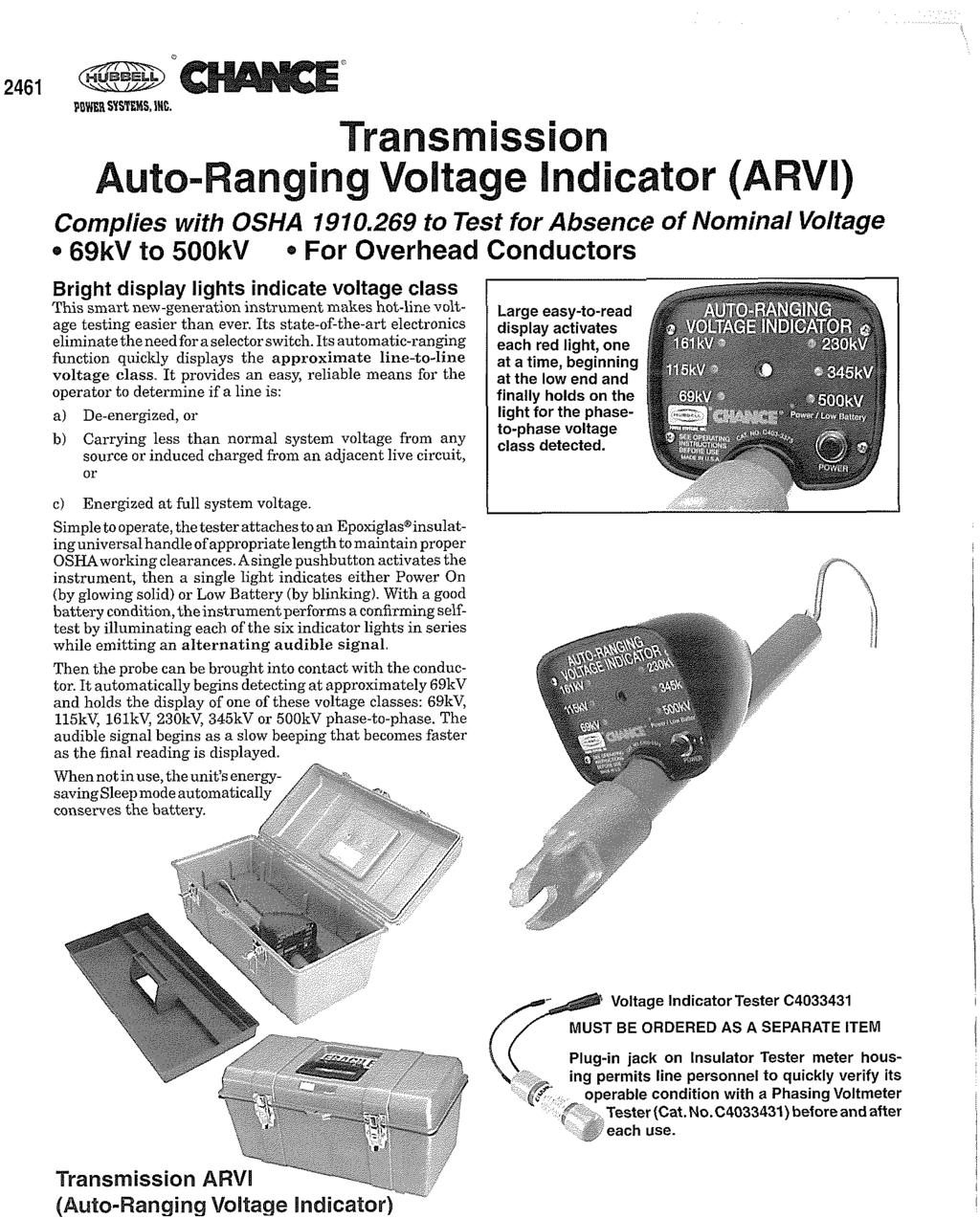 PQWER SYSTEMS. INC. Auto-Ranging Voltage Indicator (ARVI) Complies with OSHA 1910.