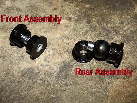 13. Get familiar with how the various parts fit together before you grease and install them. The rear of the arms will use the polyurethane bushing balls nestled between the curved rear bushings.
