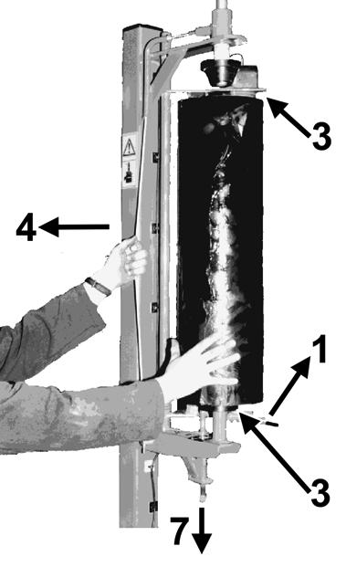9.2 Loading plastic film 1. Push back the handle until the dispenser latches open. 2. When removing an old roll, push upwards to latch the top roll holder in the up position.