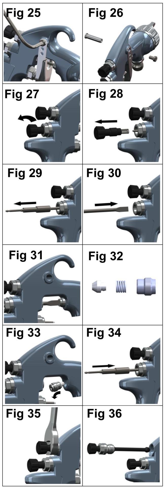 Parts Replacement/Maintenance NEEDLE PACKING REPLACEMENT INSTRUCTIONS 13. Remove trigger using key (47) or TORX (T20) driver. (See figs 25 & 26) 14.