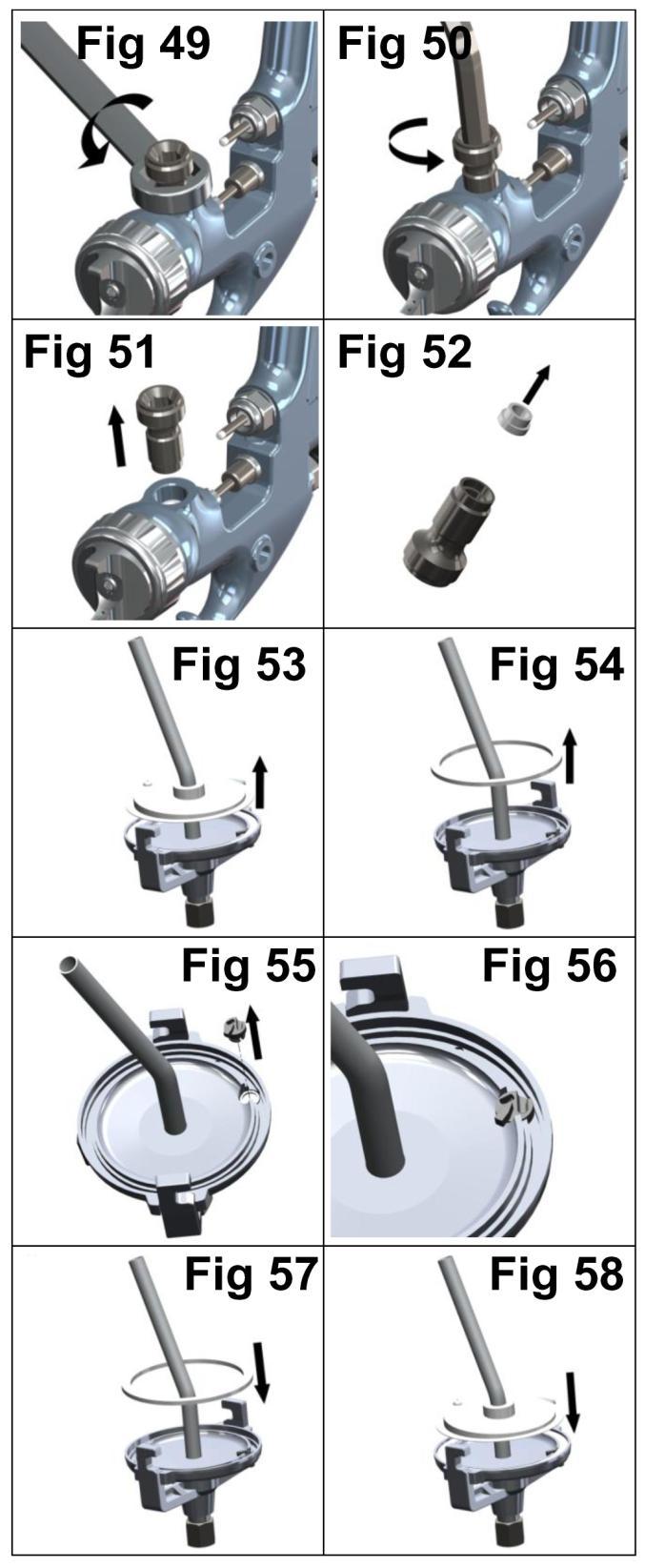 Parts Replacement/ Maintenance FLUID INLET SEAL 1. Loosen Locknut (55) with 18mm Spanner (see Fig 49). 2. Unscrew Fluid Inlet Adaptor (54) with 8mm Hex Key (see fig 50) 3.