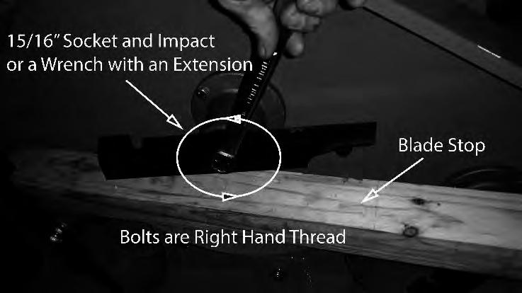 BLADE REMOVAL: To change blades, it may be easier to use a piece of wood to keep the blade from turning so that the bolt can be loosened.