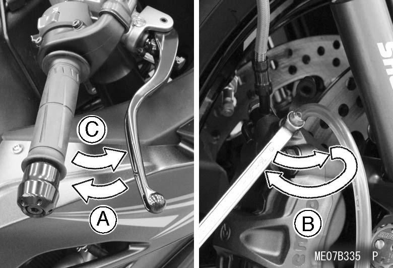 PREPARATION 17 A. Hold the brake lever applied. B. Quickly open and close the bleed valve on the front brake caliper. C. Release the brake lever.