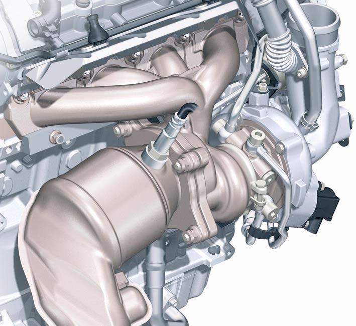 Engine management The turbocharger/exhaust manifold module To save space, an exhaust manifold/turbocharger housing was developed, which can be installed with all engine variations in longitudinal or