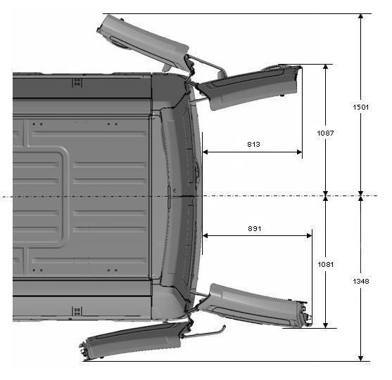 13 REAR DOOR, DIMENSIONS AND ACCESS 1. Dimensions of rear doors The travel and position along the side of the body are given as overall dimensions and at different heights.