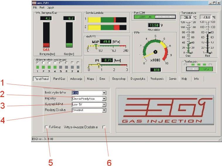 17. Selection of the visualization for particular cylinder parameters. - After selecting required cylinder, indicators 18 and 19 will show parameters of this cylinder. 18. Gas injection time (in ms) for particular gas injector.