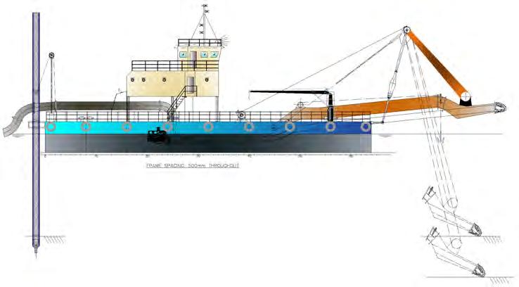 CUTTER SUCTION : 104.98 Ft. : 49.21 Ft. : 9.84 Ft. DRAFT : 5.90 Ft. NOT SELF PROPELLED Proven Dredger design. Made specific for water depth and dredge capacity.
