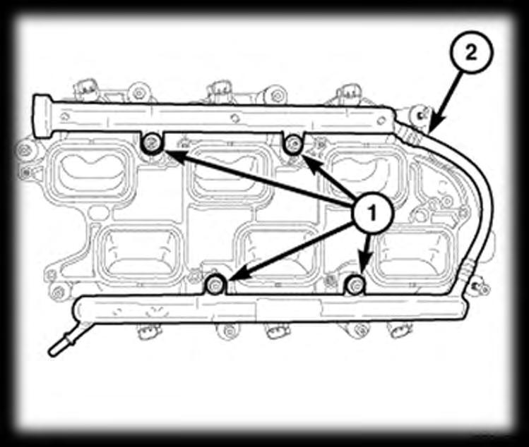 Remove the four bolts (1) from the fuel rail (2).