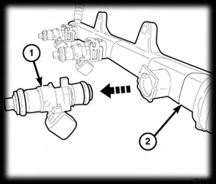 fuel spilling out onto the engine from the fuel rail. Remove the remaining fuel injectors (1) from the fuel rail (2).