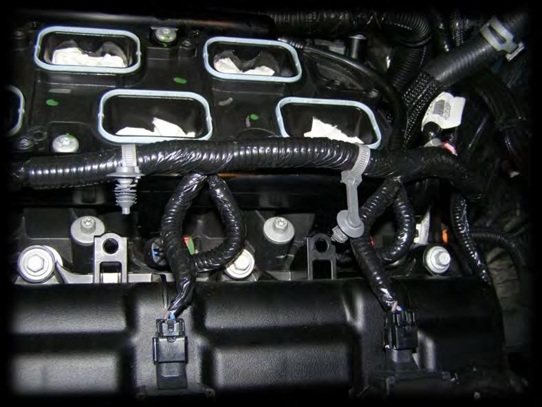 Remove the grey harness retainers from the valve cover and harness on the left bank, neatly tuck the harness down beside the fuel rail and tie in place with the cable ties