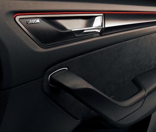 STYLISH FUNCTIONALITY The upholstery comes in a combination of black Alcantara and leather with silver stitching.