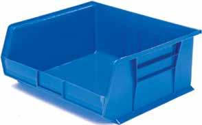 Anti-slide stop prevents stacked bins from shifting forward Full-width hanger lip supports bin on hanging system Curved-bottom hopper front makes it easy to retrieve small parts Large front label