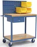 Bolt-on polyurethane casters 5" x 1 1 4"; 2 rigid, 2 swivel with total lock brakes. Fully assembled with 36" panel and 8 AkroBins. One lip down on top shelf for easy access to work surface.