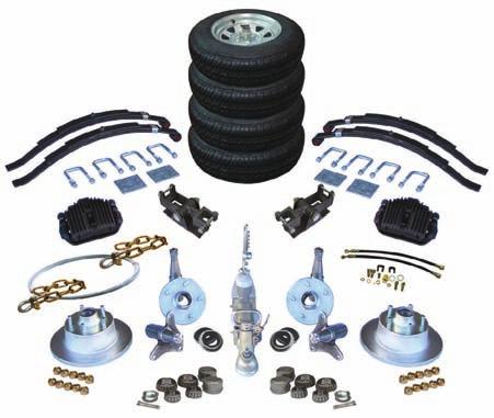 patterned hubs and stubs 1 Pair of 1500kg capacity leaf springs and brackets Spring u-bolts and plates 1-7/8 2000kg Rated zinc-plated lever coupling 1 x Safety Chain TK2-108Z TANDEM AXLE BRAKED DIY