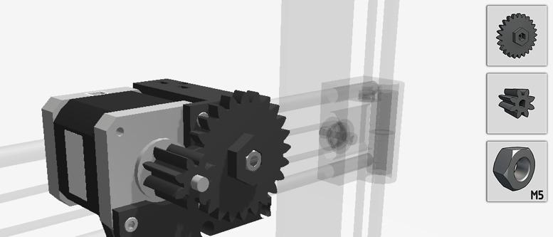 Step 65: Extruder Drive Gears Locate your: - Printed extruder gears: - Large (Black) - Small (Light Blue) - M5 Lock Nut The drive gear we re using needs to have an M3 nut pushed into the slot, and