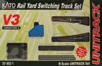 Unitrack V3 Starter N Set Kato. Includes left and right turnouts, straight track, bumper track and turnout control switch.