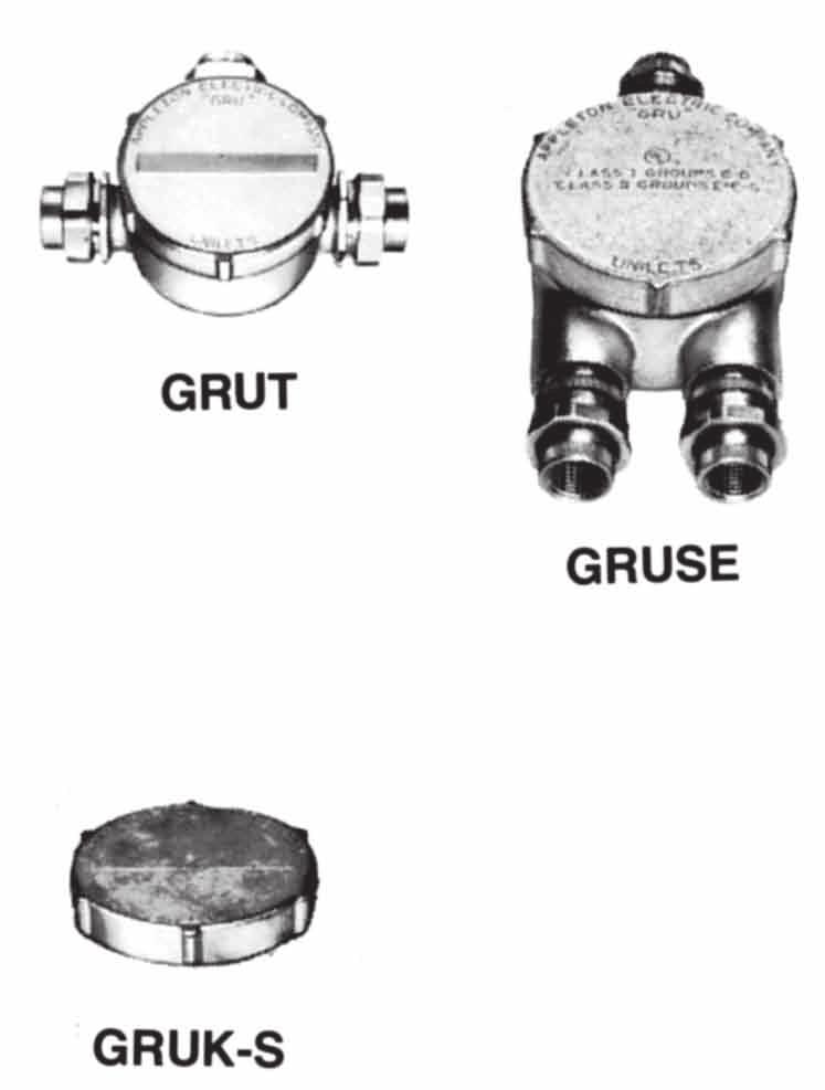Class I, Div. 1 and 2 Groups C,D Class II, Div. 1 and 2 Groups E,F,G Class III GRU Conduit Outlet Boxes with Union Hubs: UNILETS for use with Threaded Metal Conduit.
