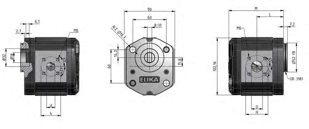 ELI2BK7 Outlet Inlet Pump Flow Operating pressures Rotation speed Noise at 1500 rpm * Dimensions Displacement at Type 1500 rpm P1 Max cont.