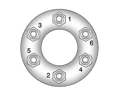 10-62 Vehicle Care 14. Tighten the wheel nuts firmly in a crisscross sequence, as shown. Notice: Wheel covers will not fit on the vehicle's compact spare.