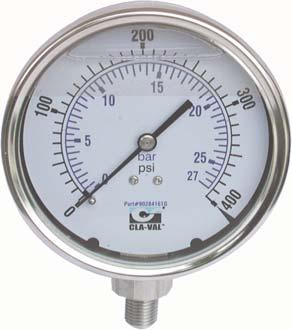MODEL X Cla-Val Gauge Option Liquid-Filled Dual Scale (PSI / BAR) Long Life Stainless Steel Construction Tamper-Resistant Design " and " Diameter Sizes Available Pressure Ranges Model X " Pressure