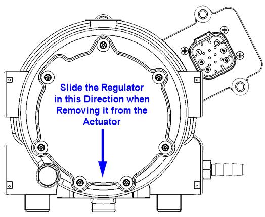 3) Very carefully separate the regulator from the actuator. The regulator secondary lever is inserted into a slot in the actuator diaphragm plate.
