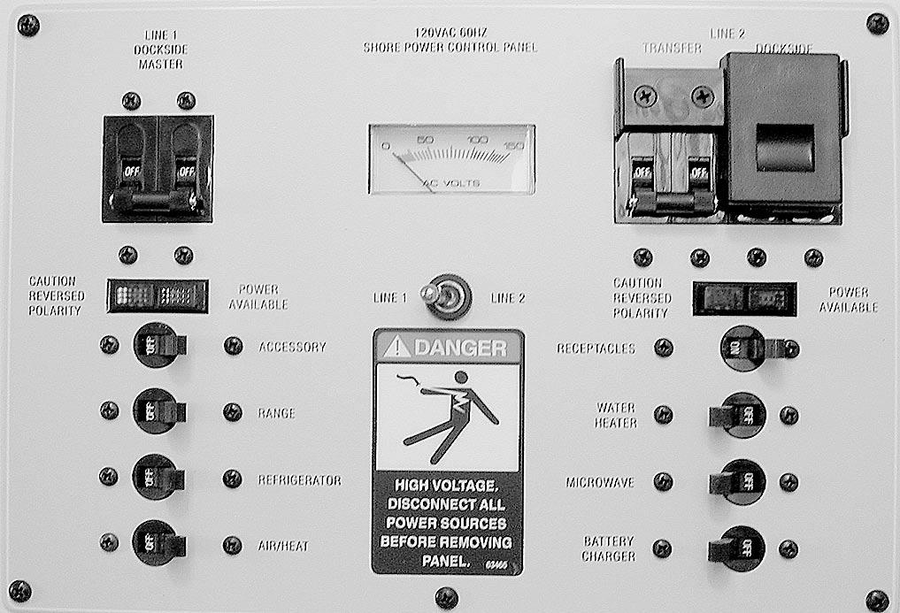 Chapter 12: Electrical System DUAL SHORE POWER AC PANEL (IF EQUIPPED) LINE 1 DOCKSIDE MASTER VOLTMETER SELECTOR SWITCH VOLTMETER LINE 2 TRANSFER LINE 2 DOCKSIDE MASTER LINE 1 POLARITY LIGHT LINE 2