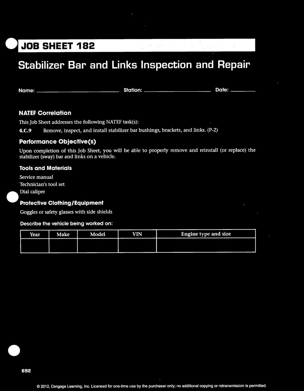 (P-2) Performance Objective(s) Upon completion of this Job Sheet, you will be able to properly remove and reinstall (or replace) the stabilizer (sway) bar and links