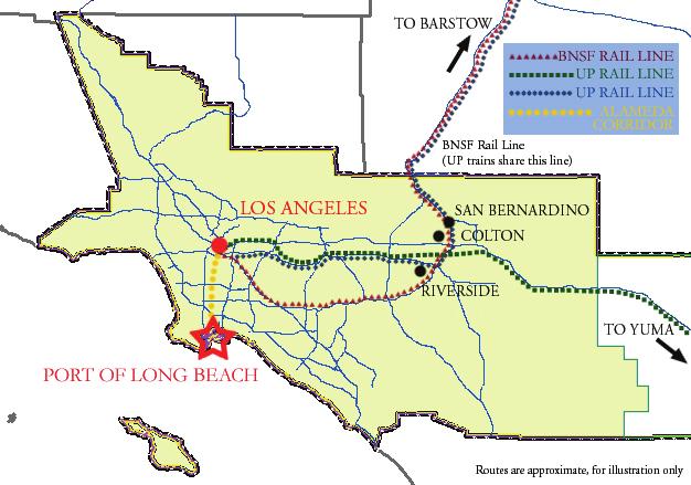 Figure 5.4 presents a broad view of the major rail routes in the air basin that are used to move Port-related intermodal cargo. Figure 5.4: Air Basin Major Intermodal Rail Routes 5.