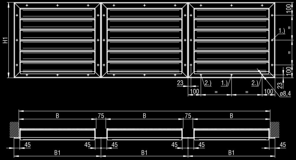 Position of fixing holes for band design Mounting width (EMB) The figure shows the external air intake or return air grilles as band design.