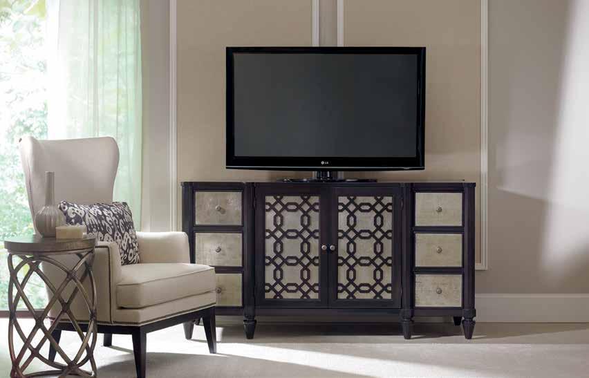 door with interchangeable beveled glass or wood panel option and two adjustable shelves behind; one three plug outlet 74W x 23D x 38 1/4H (188 x 58 x 97 cm) 5292-55496 Entertainment Console Hardwood