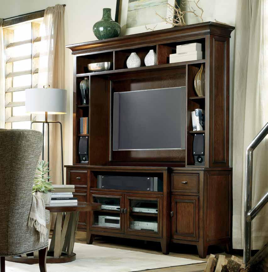 consoles & hutches accommodating up to 55 (140 cm) televisions RILEY Hardwood Solids, Cherry Veneer 5068-55486 Entertainment Console Two drawers with removable dividers for CD/DVD storage; one open
