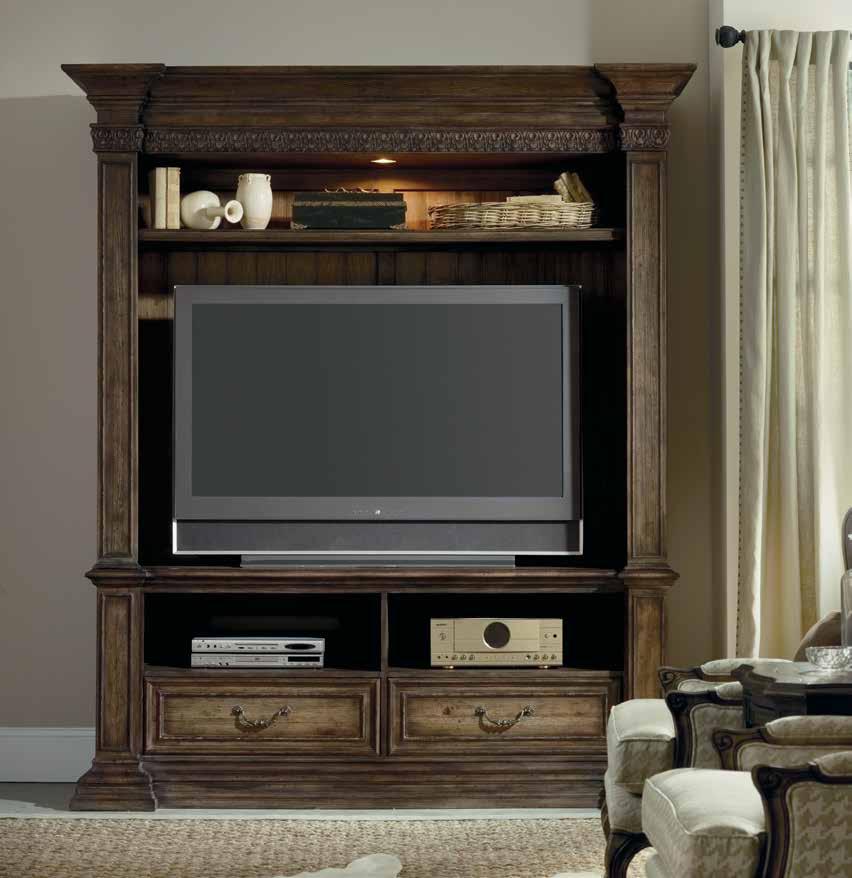 consoles & hutches accommodating 70 (178 cm) televisions 5090-55486 Entertainment Console Hardwood Solids, Mindi Veneer, Glass, Wire Brushed Two drawers; one center channel speaker area; two doors