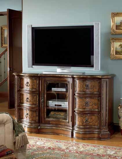 Top right 5153-55441 Entertainment Console Hardwood Solids and Birch Veneers Two drawers; two wood-framed glass doors with decorative overlay and two adjustable shelves behind each door; one three