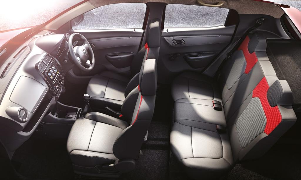 The black, red and grey fabric of the ergo smart cabin further gives the Renault Kwid s interiors a sporty feel.