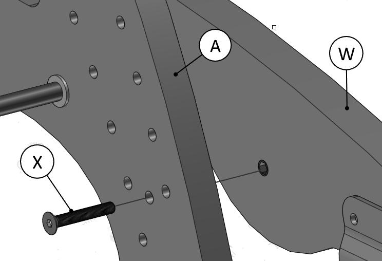 Align the first ski (W) to the side of the seat frame (A) ensure the ski is orientated