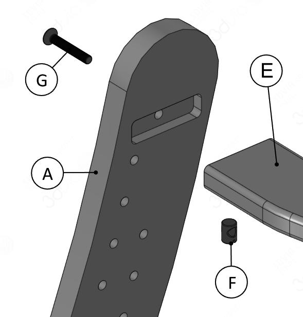 Insert one end of the Handle (E) into frame side (A). Insert a M6 cross dowel (F) into the underside of the Handle (E).