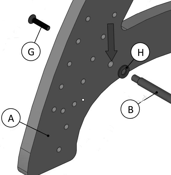 (C). Insert tie bar (B) into the frame side (A) through the hole (arrowed, right), ensuring a M8 washer (H) is fitted.