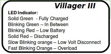 The indicator LED (E) indicates system status and gives a rough indication of the Villager III battery charge level. (See replica of the label below.