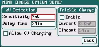 NiMH/NiCd Battery Charge Advanced Setup Click " " to enter NiMH/NiCd CHARGE OPTION SETUP interface, after setting click " " to return to the previous interface.