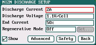 NiZn Battery Charge Advanced Setup Click " " to enter NIZN ADVANCED SETUP interface, see details about setting on Page19 LiPo/LiIo/LiFe Battery Charge Advanced Setup.