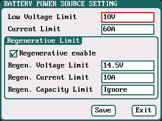 and enter the setup interface. 1 2 3 Low Voltage Limit: 10-29; default: 10V Current Limit: 1A-60A; default: 60A Regen.