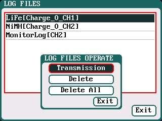 Log Files Manage Dialog Transmission: transmission to PC Delete: delete files Delete All: delete all files The charger must be