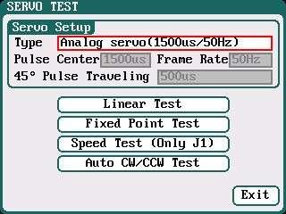 Servo Test Select SYSTEM MENU Extra Function SERVO TEST to enter servo test interface; insert Servo into J1 or J2 port to test