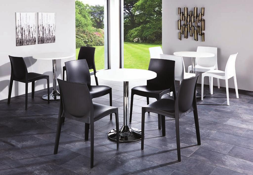 Strata Polypropylene Chair/ Round Dining table with 25mm white MFC top Ramiro Dining - Chrome Column with Trumpet ase ZRAMDR7 Round Top & ase