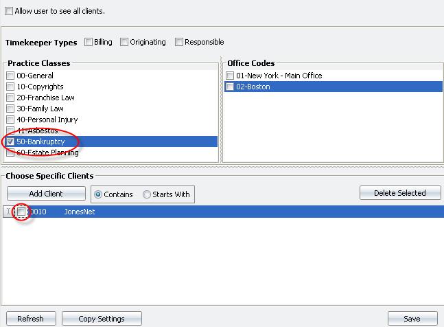 OFFICE CODES Allows the selected user to see Clients (all matters) where the Office Code for that client is one of the Office Codes selected.